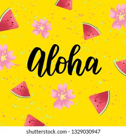 Aloha hand lettering word with flowers and watermelon. Brush calligraphy. Vector illustration for t-shirt, banner, card Hawaiian text hello phrase. Typography. 