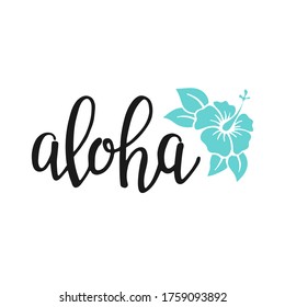 Aloha - hand written lettering. Text isolated on white background with design elements. Summer typography for photo overlays, t-shirt print, flyer, poster design. Beach life message, vector 
