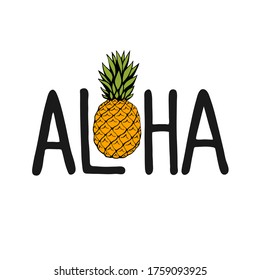 Aloha - hand written lettering. Text isolated on white background with design elements. Summer typography for photo overlays, t-shirt print, flyer, poster design. Beach life message