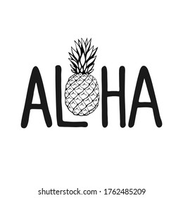 Aloha - hand written lettering. Text isolated on white background with design elements. Summer typography for photo overlays, t-shirt print, flyer, poster design. Beach life message