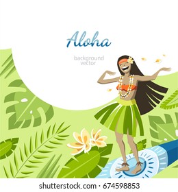 aloha hawaii background with girl on surf flying over the leaves dancing hula dance 