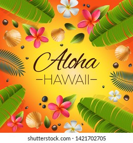 Aloha Hawaii background. Tropical plants, leaves and flowers. Hawaiian language greeting. Vector illustration.