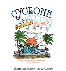 Aloha Hawaii beach cyclone is vector tee shirt summer artwork, tropical sunset. surf and beach. vintage beach print. tee graphic design