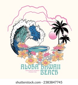 aloha Hawaii beach vibes for graphic T-shirt print design, Modern art. Summer retro graphic print design. Beach vibes with board print design. Hand sketch beach vector design. Palm tree artwork.