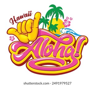 In: Aloha Hawaii Beach Vibes. Tropische Insel mit Aloha - Schriftzug, Sonne, Shaka-Handzeichen, Möwen, Palmen in Meereswellen. Vektorgrafik auf transparentem Hintergrund