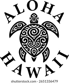 Aloha Hawaii beach vibes vector illustration featuring a detailed tribal sea turtle with tropical design elements. Perfect for T-shirt prints, summer merchandise, vacation branding, and Hawaiian.