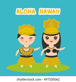 Aloha Hawaii Card design Hawaiian Hula Dancer Kawaii boy girl on bliue background. Vector