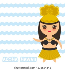 Aloha Hawaii Card design Hawaiian Hula Dancer Kawaii girl. blue waves sea ocean background. banner template, card design. Vector