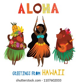 Aloha Hawaii card with Hawaiian Hula girl and funny bears .Cartoon vector illustration. Design concept for flyer, poster or greeting card