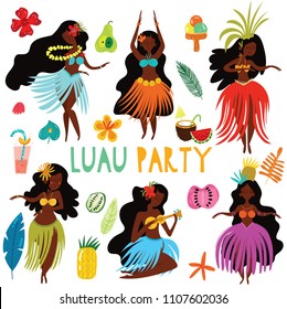 Aloha Hawaii card with Hawaiian Hula girlsa and elements .Cartoon vector illustration. Design concept for flyer, poster or greeting card