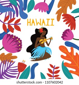 Aloha Hawaii card with Hawaiian Hula girls .Cartoon vector illustration. Design concept for flyer, poster or greeting card