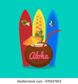 Aloha Hawaii carefree happy life, colorful vector flat illustration