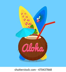 Aloha Hawaii carefree happy life, colorful vector flat illustration