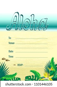 Aloha Hawaii. Creative vector design for poster, flyer, presentation, party invitation card template with sea and the beach, flowers paradise bird, palm leaves and lettering.