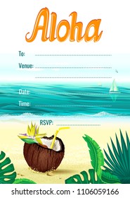 Aloha Hawaii. Creative vector design for a poster, flyer, presentation, invitation template for a party with a picture of a coconut, sea with a beach, sailboats, gulls and flowers, a bird of paradise,