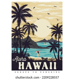 Aloha Hawaii Escape to Paradise Summer t Shirt. Surfen Sie Mädchen am Strand. Vektorgrafik.