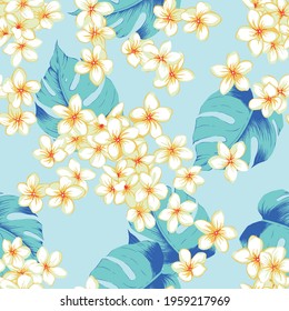 Patrón de flores Aloha hawaii. Plumeria de verano, patrón de hojas de monstruo. Patrón de verano hawaiano sobre fondo blanco. Estampado de flores tropicales para Fondo de pantalla o tela.