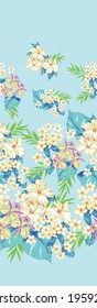 Aloha hawaii flower pattern. Summer hibiscus, plumeria, orchid, monstera pattern. Hawaiian summer pattern on white background. Tropical flowers print for wallpaper or fabric.
