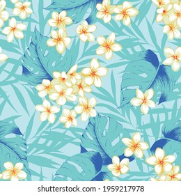 Aloha hawaii flower pattern. Summer plumeria, monstera and palm tree leaves pattern. Hawaiian summer pattern on white background. Tropical flowers print for wallpaper or fabric.
