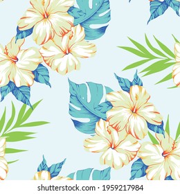Aloha hawaii flower pattern. Summer hibiscus, monstera and palm tree leaves pattern. Hawaiian summer pattern on white background. Tropical flowers print for wallpaper or fabric.