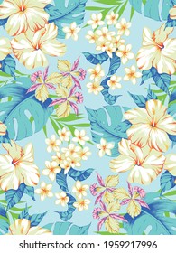 Aloha hawaii flower pattern. Summer hibiscus, plumeria, orchid, monstera pattern. Hawaiian summer pattern on white background. Tropical flowers print for wallpaper or fabric.