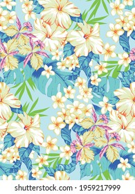 Aloha hawaii flower pattern. Summer hibiscus, plumeria, orchid, monstera pattern. Hawaiian summer pattern on white background. Tropical flowers print for wallpaper or fabric.