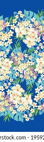 Aloha hawaii flower pattern. Summer hibiscus, plumeria, orchid, monstera pattern. Hawaiian summer pattern on white background. Tropical flowers print for wallpaper or fabric.