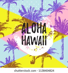ALOHA HAWAII greeting banner. Tropical hand drawn palm trees pattern on geometric background. Vector illustration EPS 10 file