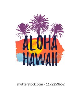 ALOHA HAWAII greeting banner. Tropical sketchy palm trees on hand drawn brush background. Vector illustration EPS 10 file
