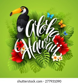 Aloha Hawaii. Hand lettering with exotic flowers. Vector illustration EPS 10.