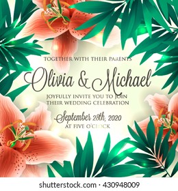 Aloha Hawaii. Hand lettering with hibiscus orange lily, orchid, plumeria flowers, palm leaf. Vector illustration