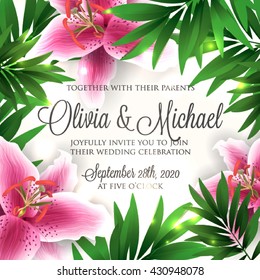 Aloha Hawaii. Hand lettering with hibiscus pink lily, orchid, plumeria flowers, palm leaf. Vector illustration