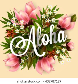 アロハハワイ ハイビスカスのピンクリリー 蘭 プルメリアの花 ヤシの葉で文字を書く ベクターイラスト のベクター画像素材 ロイヤリティフリー Shutterstock