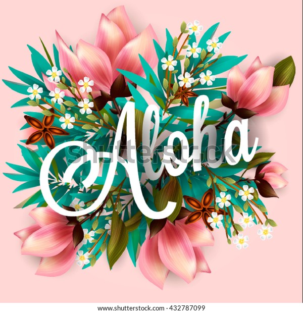 アロハハワイ ハイビスカスのピンクリリー 蘭 プルメリアの花 ヤシの葉で文字を書く ベクターイラスト のベクター画像素材 ロイヤリティフリー 432787099