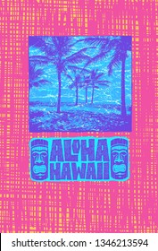 Aloha Hawaii. Hand lettering with tiki mask and tropical landscape with palms trees. vector illustration.