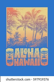 Aloha Hawaii. Hand lettering with tiki mask and tropical landscape with palms trees . typography, t-shirt design, vector illustration.