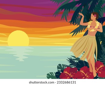 Aloha Hawaii. Bailarina hula e isla tropical.