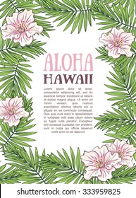 Aloha Hawaii illustration, palm leaves with flowers on the white background