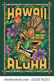 Aloha Hawaii islands colorful sticker with wooden mascot in form face ritual god with torch and exotic flowers vector illustration