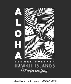 Aloha hawaii islands illustration with palms tree illustration for t-shirt print , vector illustration.