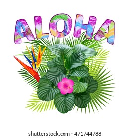 Aloha Hawaii. Leaves of palm tree, tropical flower, exotic birds. T-Shirt design. Best creative for poster, flyer, presentation. Vector background.