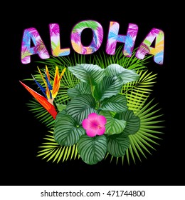 Aloha Hawaii. Leaves of palm tree, tropical flower.  T-Shirt design. Best creative  for poster, flyer, presentation. Vector background.