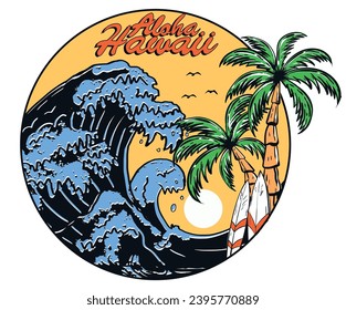 Aloha hawaii long beach. Beach Paradise Print t shirt graphics design, typography slogan on palm trees background. Summer beach vibes. Ocean wave.