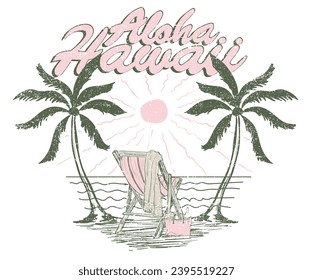 La larga playa de Aloha hawaii. Obra de arte de los albornoces de playa para camisetas, afiches, pegatinas. Buenas vibraciones de verano. Relájese con el boceto de la mano de la silla. Diseño gráfico de camisetas de paraíso, eslogan de tipografía sobre el fondo de las palmeras. 