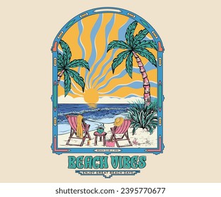 La larga playa de Aloha hawaii. Obra de arte de los albornoces de playa para camisetas, afiches, pegatinas. Buenas vibraciones de verano. Diseño gráfico de camisetas de paraíso, eslogan de tipografía sobre el fondo de las palmeras. Relájese con el boceto de la mano de la silla.