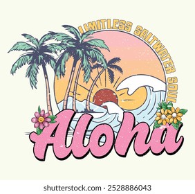 Aloha hawaii longa praia. Praia vibes arte para t shirt, cartaz, adesivo. Verão boas vibrações. slogan tipografia no fundo palmeiras para impressão de moda de verão, Aloha hawaii impressão de t-shirt floral.