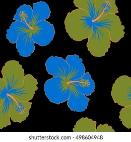 Aloha Hawaii, Luau Party invitation on black background with blue and green hibiscus flowers. Aloha T-Shirt design. Best creative design for poster, flyer, presentation. Vector.