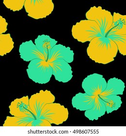 Aloha Hawaii, Luau Party invitation on black background with hibiscus flowers in green and yellow colors. Aloha T-Shirt design. Best creative design for poster, flyer, presentation. Vector.