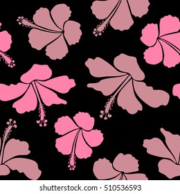 Aloha Hawaii, Luau Party invitation on black background with hibiscus flowers in pink and beige colors. Aloha T-Shirt design. Best creative design for poster, flyer, fabric. Vector seamless pattern.