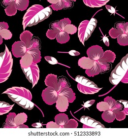 Aloha Hawaii, Luau Party invitation on black background with hibiscus flowers in violet colors. Aloha T-Shirt design. Best creative design for poster, flyer, presentation. Vector.